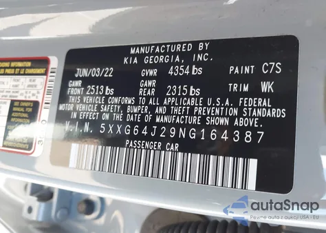 2022 Kia K5 Gt-Line z USA, uszkodzony, nr VIN 5XXG64J29NG164387